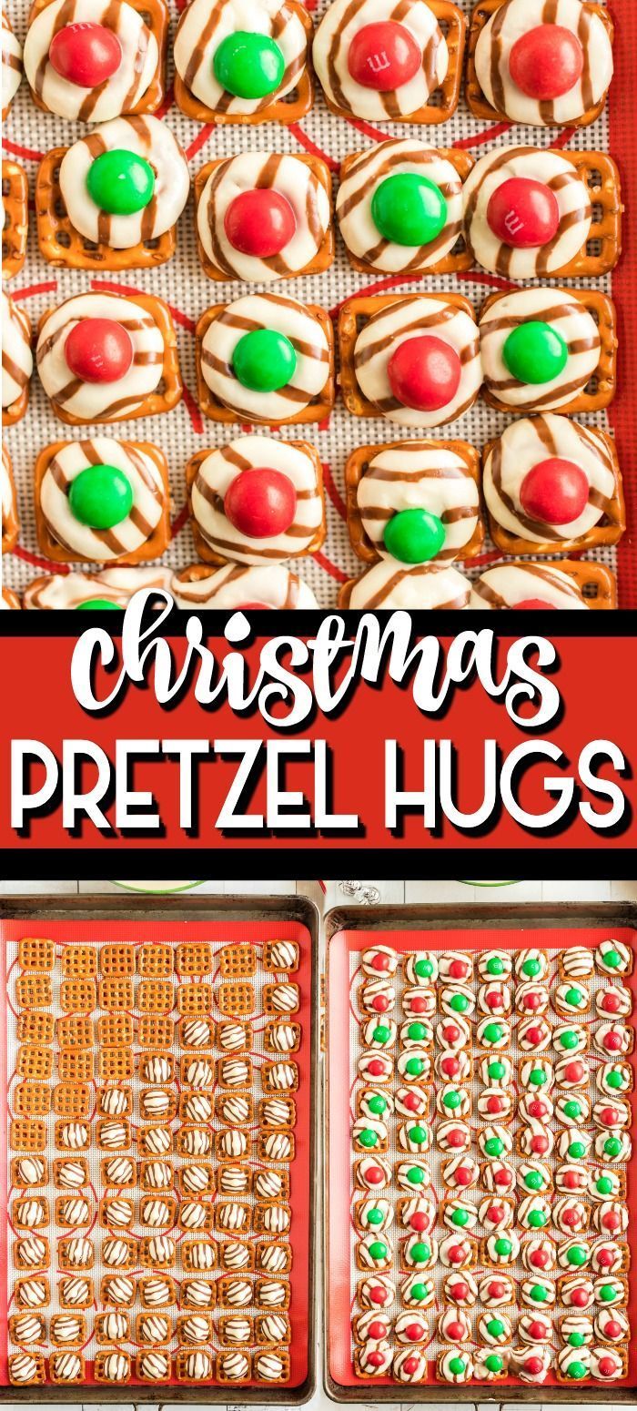 christmas pretzel hugs with candy on top and in the background, there are other cookies