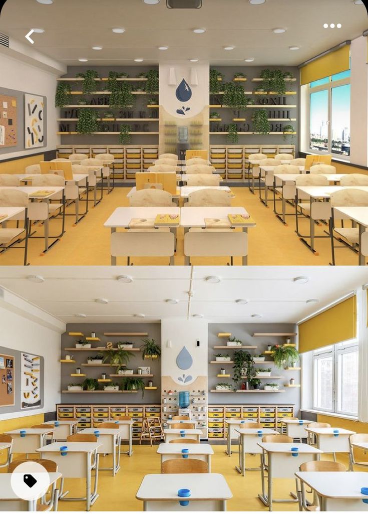 two pictures show the inside and outside of a classroom with desks, bookshelves, and shelves