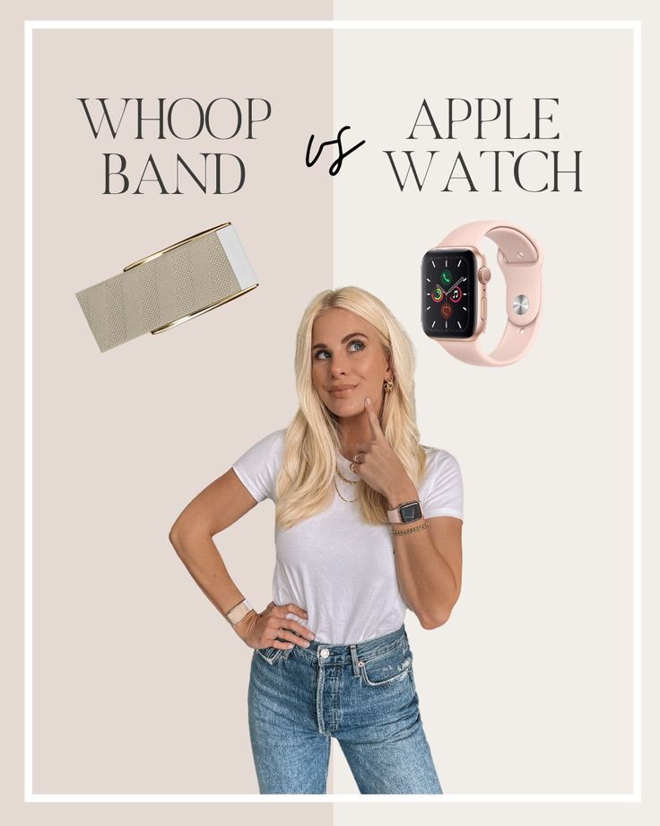 a blonde woman standing next to an apple watch