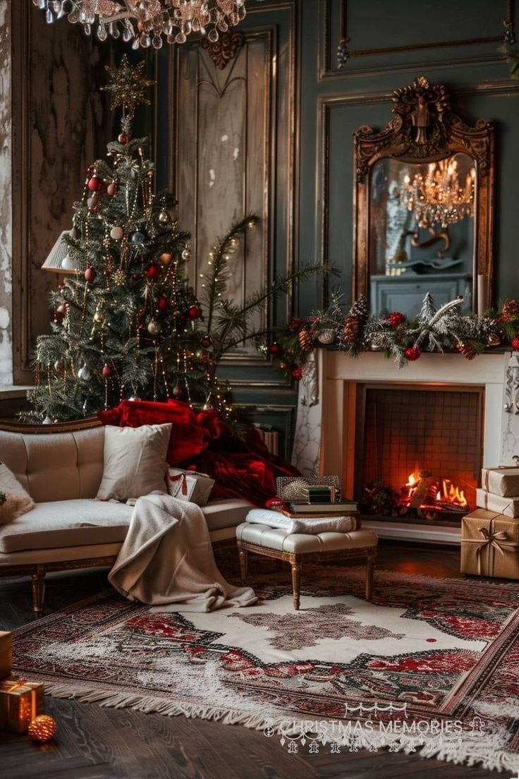 a living room filled with furniture and a fire place next to a christmas decorated tree