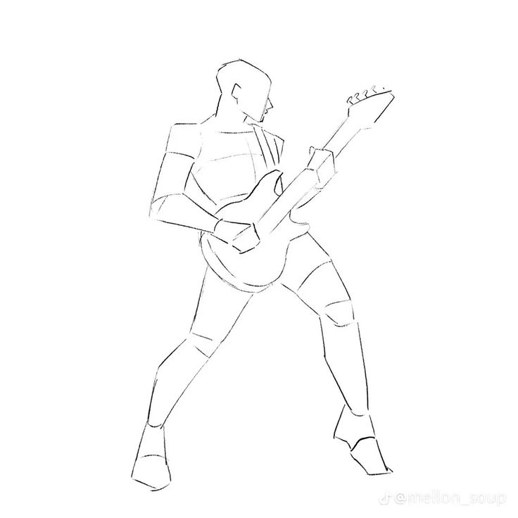 a drawing of a man playing an electric guitar with his right hand on the neck