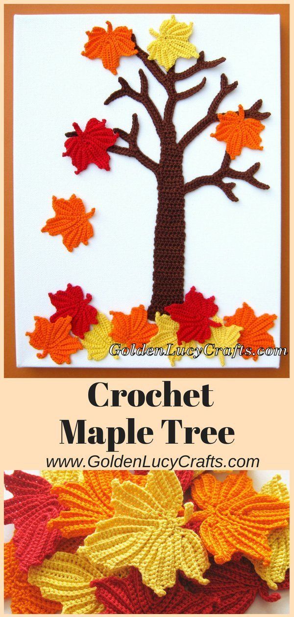 crochet maple tree with leaves on it and text overlay that reads, crochet maple tree