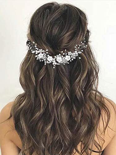 GORAIS Flower Bride Wedding Hair Vine Crystal Bridal Headpieces Pearl Hair Accessories for Women and Girls (A-Silver) Leaf hair vine is made of high quality alloy wire,pearl,crystal and rhinestone.You will surely get a ton of compliment!!! Rhinestone hair pieces approx. length: 27cm (10.7in). We will give you two hairpins free of charge. It is flexible enough so you can bend it to fit the shape you need for your . Floral headband for wedding is no worry about fading. It will add a perfect touch Bride Hair Vine, Pearl Hair Accessories, Bride Wedding Hair, Bridal Updos, Flower Bride, Bridal Flower Headband, Pearl Bridal Headpiece, Crystal Bridal Headpiece, Bride Hair Piece