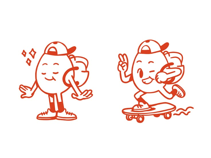 an orange line drawing of two cartoon characters on skateboards, one riding the other