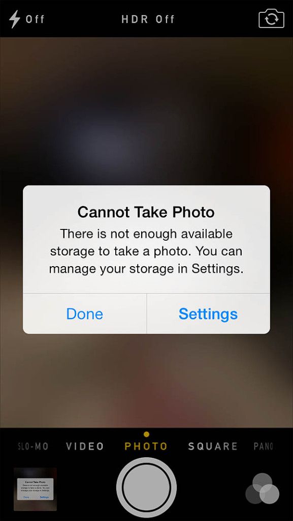 an iphone screen with the text cannot take photo and then you can manage your storage in settings