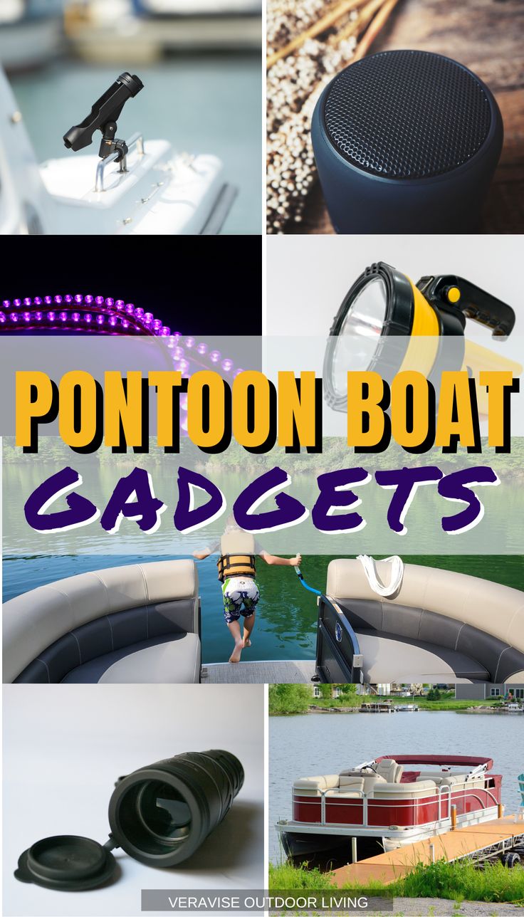 there are many different things that can be seen in this collage with the words pontoon boat gadgets