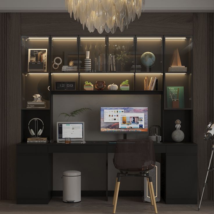 a computer desk sitting under a chandelier in a room