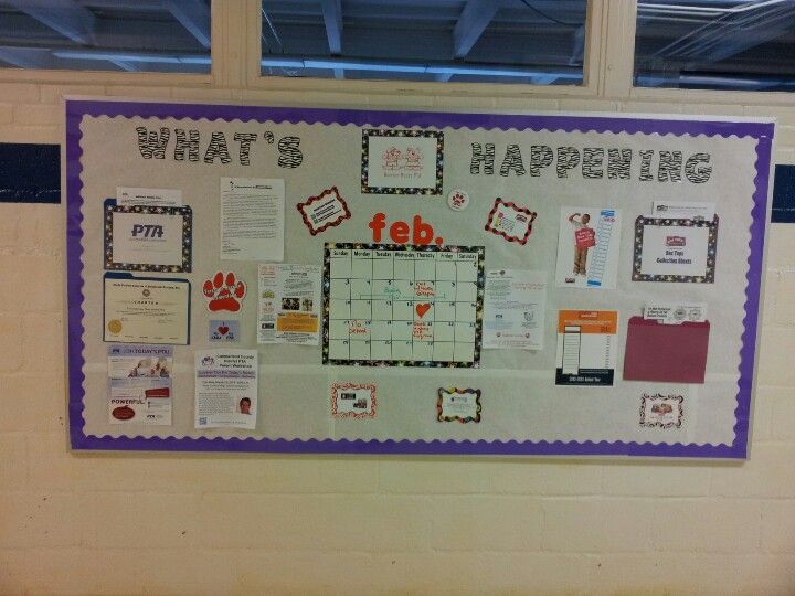 a bulletin board with pictures and words on it that says what's happening feb