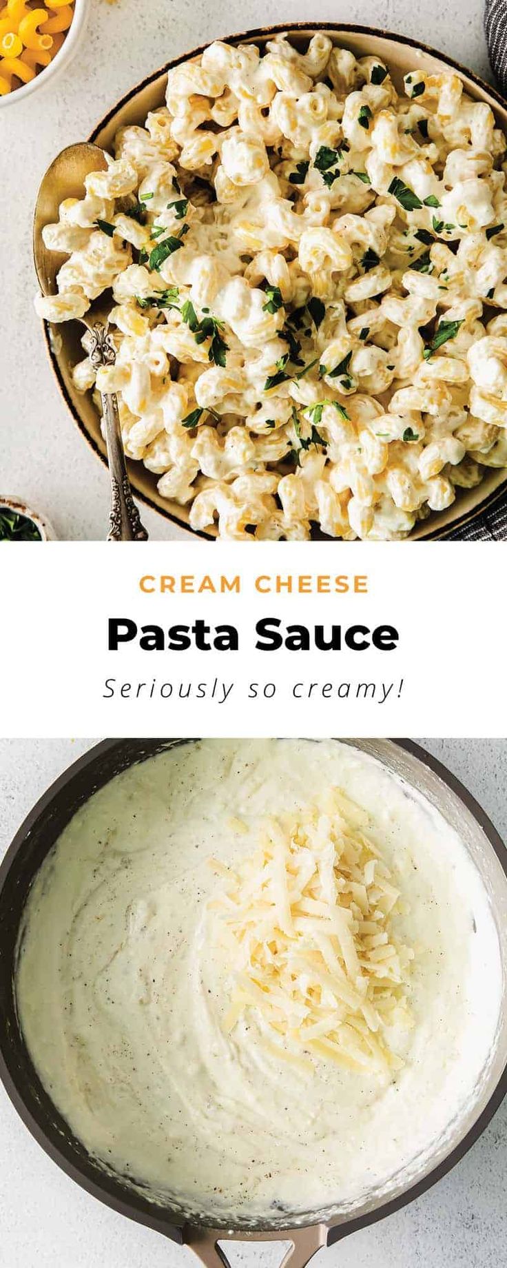 pasta sauce in a skillet with cheese on top and the words cream cheese pasta above it