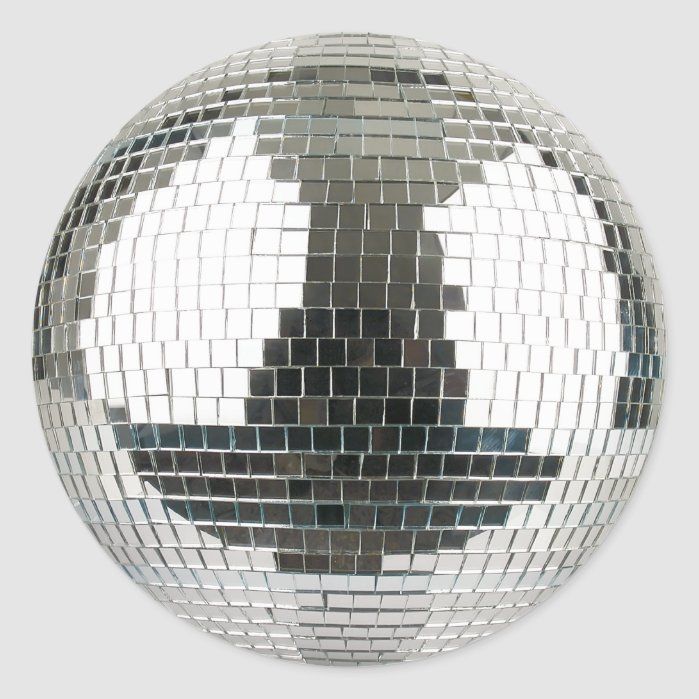 a mirror ball with an image of a man in the middle and one hand on it