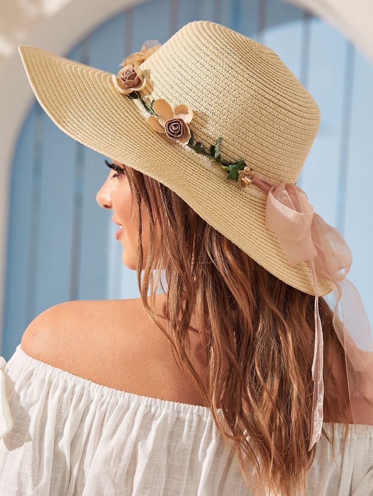 Straw Hat With Flowers #fashion #NewArrivals #popular #BohoChic #pomonaandpeach #fresh #boho Womens Beach Sun Hat, Cool Hats Beach, Boho Hat With Flowers, Boho Party Hat, Boho Hats For Women Summer, Summer Beach Hat, Wide Brim Straw Hat, Boho Mode, Beige Boho