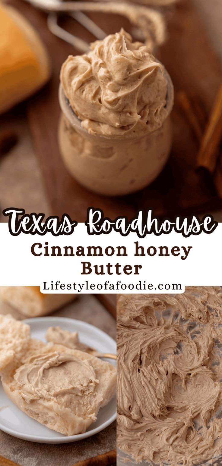 there are three different images with the words texas roadhouse cinnamon honey butter on them