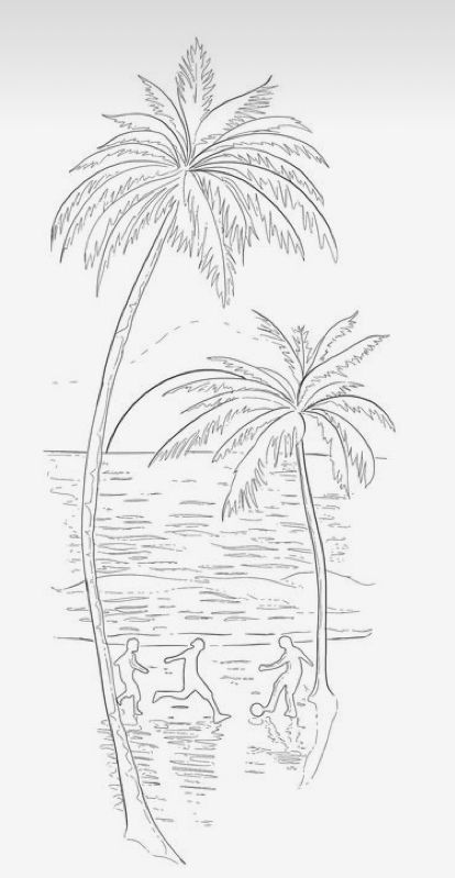 a drawing of two people on the beach under a palm tree