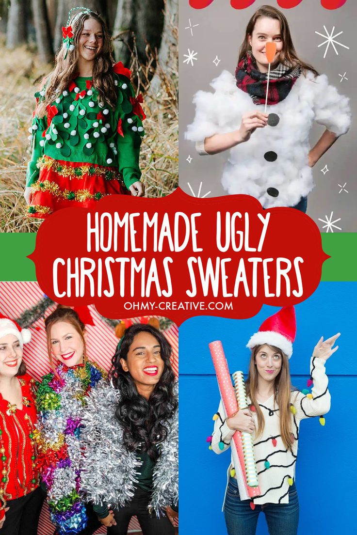 What could be more fun than making your own Homemade Ugly Christmas Sweaters? Find great inspiration and put your artistic skills to the test. We've rounded up some of the most hilariously tacky (and easy to make) DIY Christmas sweaters out there. So whether you're looking for a last-minute outfit for an ugly sweater party or just want to get into the holiday spirit, these tutorials will help you create your own. Diy Xmas Jumper, Xmas Jumpers Diy, Diy Kid Ugly Christmas Sweater, Tacky Christmas Sweater For Kids, Gingerbread House Ugly Sweater Diy, Most Festive Christmas Outfit, Women’s Ugly Christmas Sweater Ideas, Ugly Christmas Sweaters Homemade, Home Made Ugly Sweater