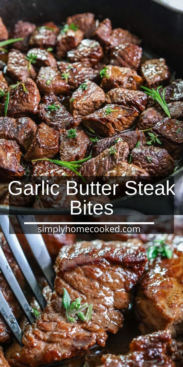 garlic butter steak bites in a skillet with a fork