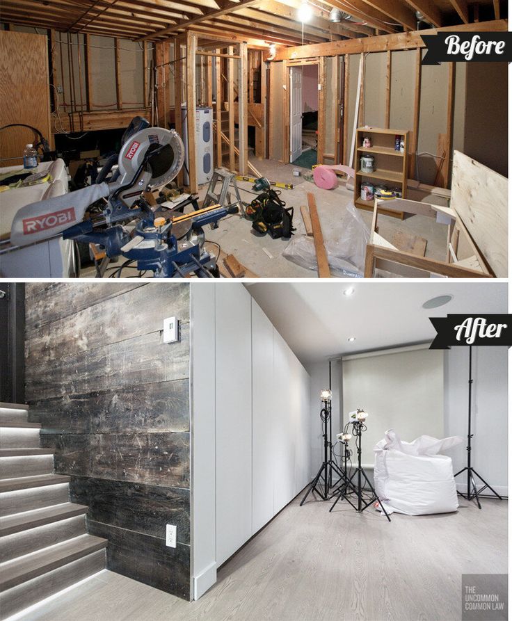 before and after photos of a house being remodeled with wood flooring, walls and stairs