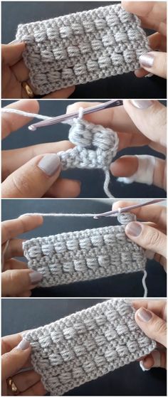 three pictures showing how to crochet the ends of an object with two hands