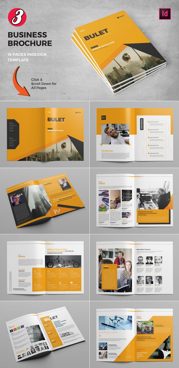 an orange and black brochure is shown in this image