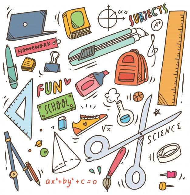 the back to school doodle is shown with scissors, pencils and other items