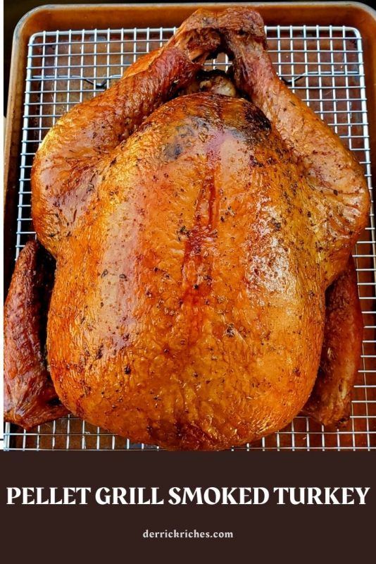 a roasted turkey on a grill with the words pellet grill smoked turkey above it