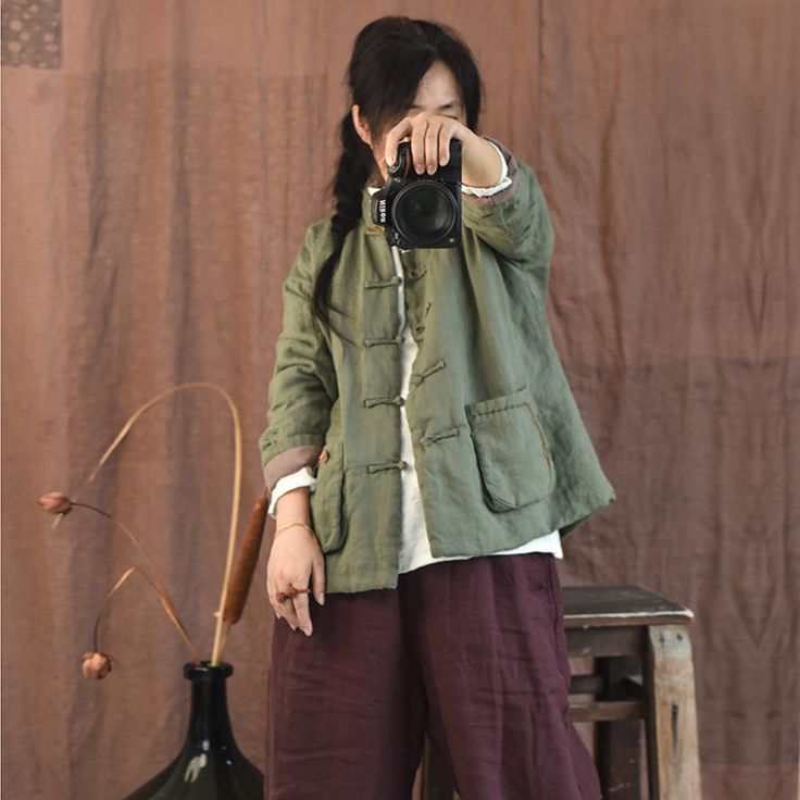 Details: Gender: Women Item Type: Jacket Material: Cotton Linen Pattern Type: Solid Season: Spring, Autumn Style: Leisure, Daily, Retro Occasion: Going Out, Daily Size: One Size Length: 65.00 cm/ 25.59 " Bust: 120.00 cm/ 47.24 " Shoulder to Cuff: 66.00 cm/ 25.98 " Cotton Pads, Padded Jacket, Gray Jacket, Suits You, Cotton Linen, Military Jacket, Green And Grey, Going Out, Black And Grey