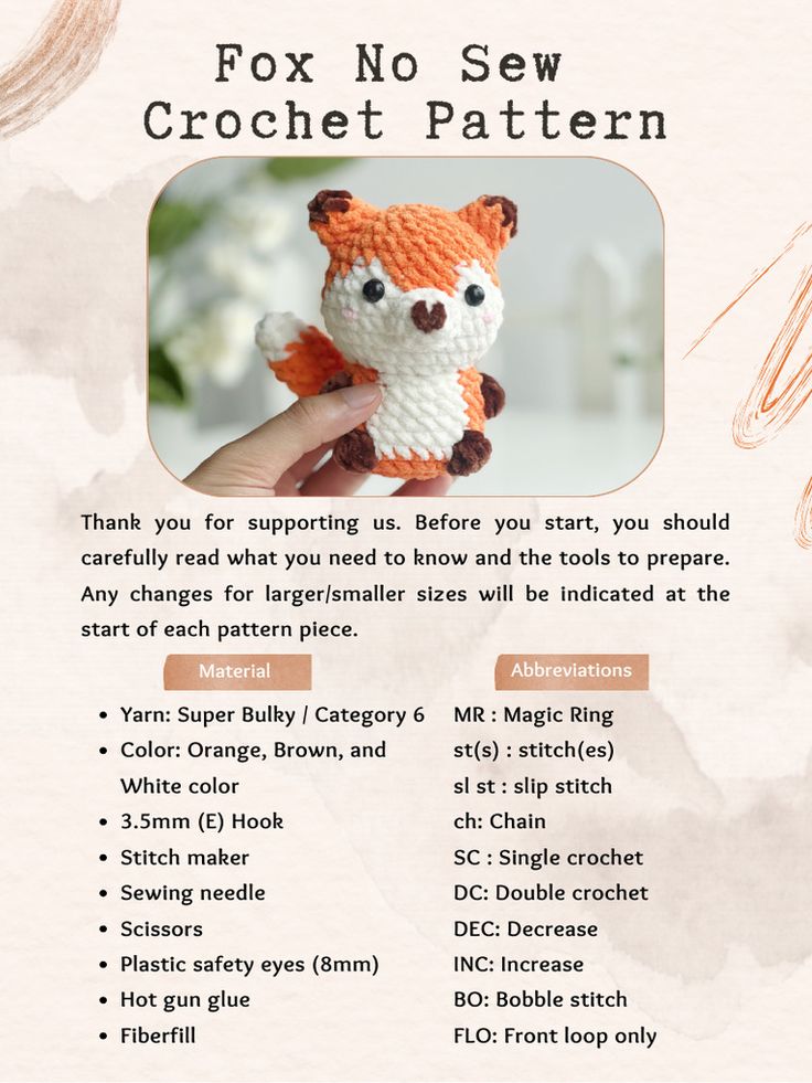 the instructions for how to crochet a fox stuffed animal with pictures on it