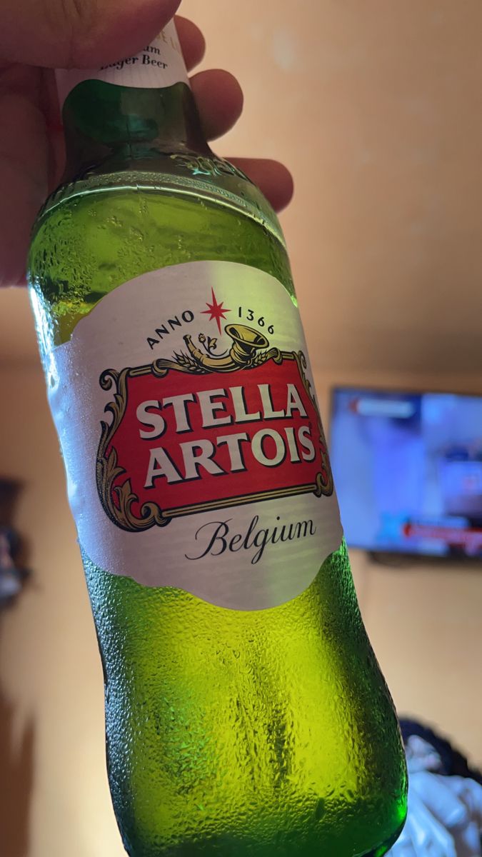 a bottle of stella artois beer being held up