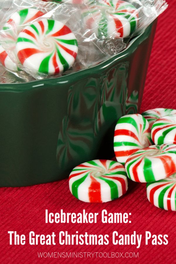 some candy canes are in a green container on a red tablecloth with the words icebreaker game the great christmas candy pass