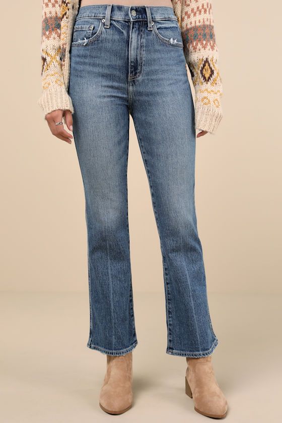 Prepare to style every top in your closet with the Daze Denim Soho Medium Wash High-Rise Flare Jeans! Medium-weight, slightly stretchy denim (in Daze Denim's Rush Hour wash) shapes these must-have jeans with a high-rise silhouette, belt loops, a five-pocket cut, and a branded top button with a hidden zip fly. Whiskering and lightly distressed details accent the figure-skimming pant legs that finish at slightly flared, cropped hems. Fit: This garment fits true to size. Length: Ankle length. Size Rush Hour, High Rise Jeans, Flare Pants, Medium Weight, Soho, Ankle Length, Flare Jeans, Rush, Must Haves