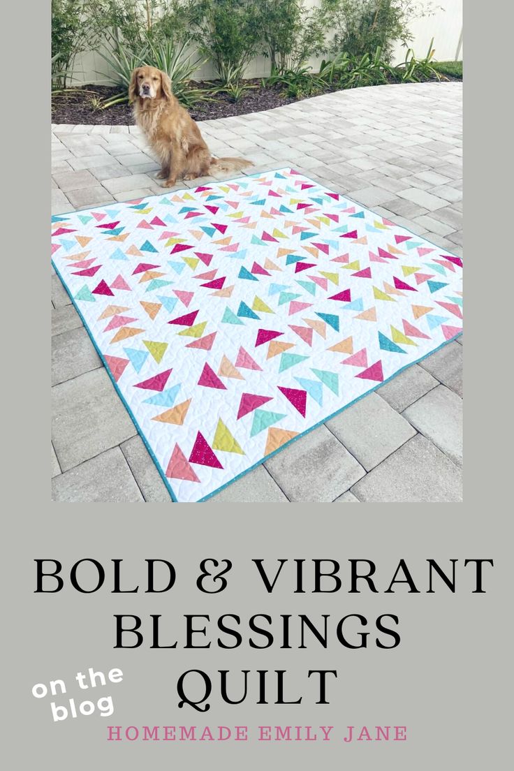 a dog sitting on the ground next to a quilt that says bold and vibrant blessings quilt