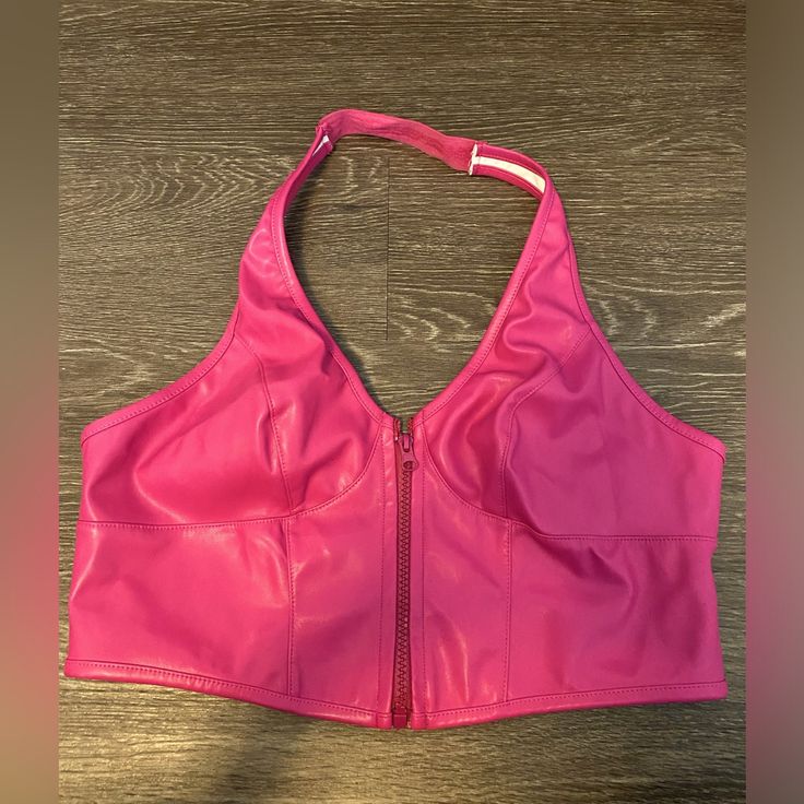 Size- Large. Never Been Worn Nwt! Zipper In Front. Pink Cropped Tank Top With Adjustable Straps, Pink Leather Crop Top, Y2k Pink Cotton Crop Top, Pink Sleeveless Y2k Crop Top, Pink Heart Halter Tank Top, Halter Tank, Pink Leather, Tank Tops, Womens Tops