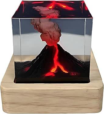 an image of a volcano in a glass box on a wooden stand with red flames