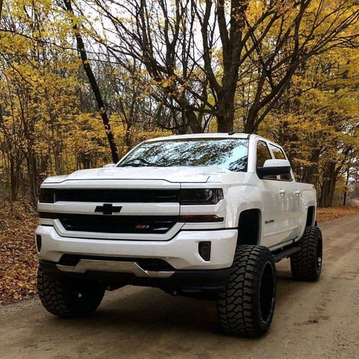 a white truck parked on the side of a dirt road in front of some trees