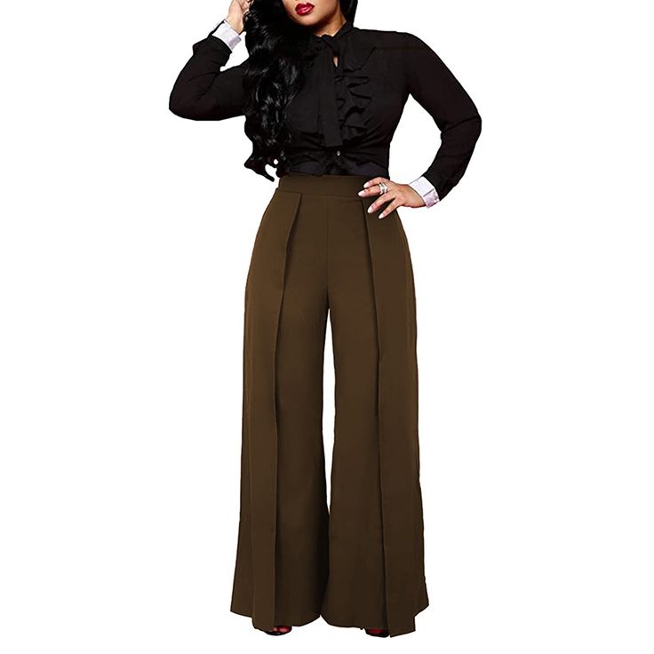 Coffee Back Zipper Casual Wide Leg Pants Brown Office Pants For Fall, Brown Wide Leg Dress Pants For Fall, Brown High Waist Dress Pants For Fall, Brown Ankle-length Dress Pants For Office, Chic Brown Bottoms For The Office, Chic Brown Office Bottoms, Brown High Waist Wide Leg Pants For Office, High Waist Wide Leg Brown Pants For Office, High Waist Brown Wide Leg Pants For Office