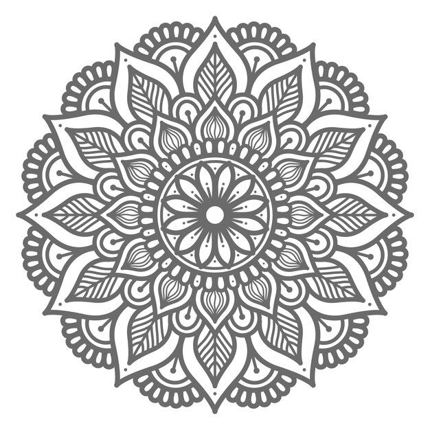 a circular floral design in grey and white on a white background, suitable for printing or coloring