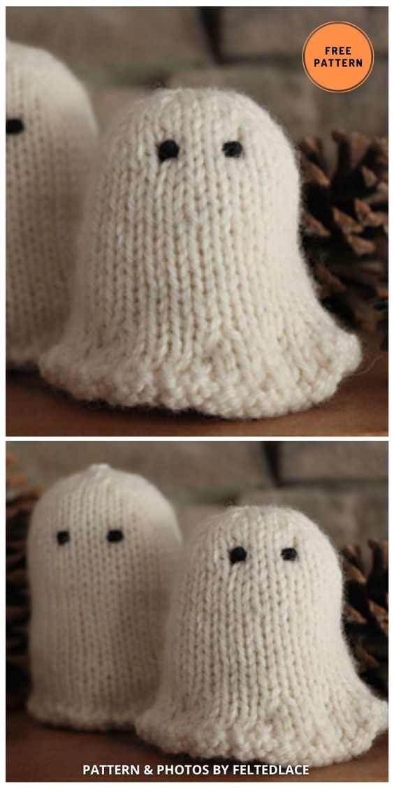 two knitted white ghost hats with black eyes