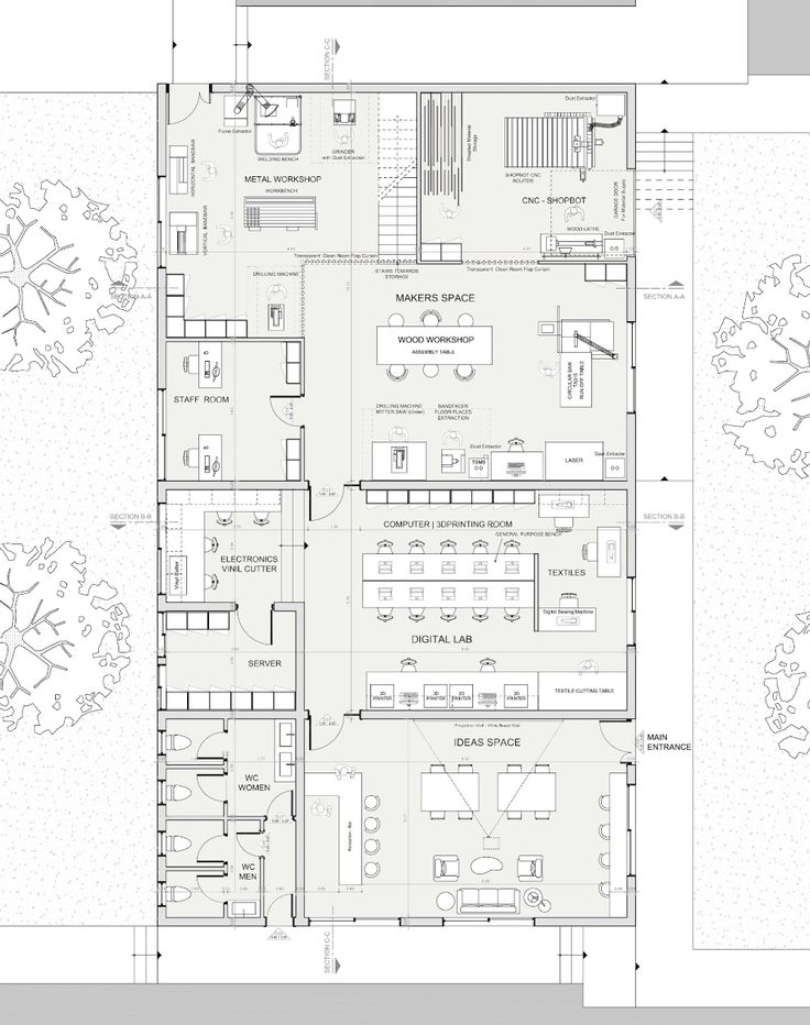 an architectural drawing shows the floor plan for a restaurant, with seating areas and tables