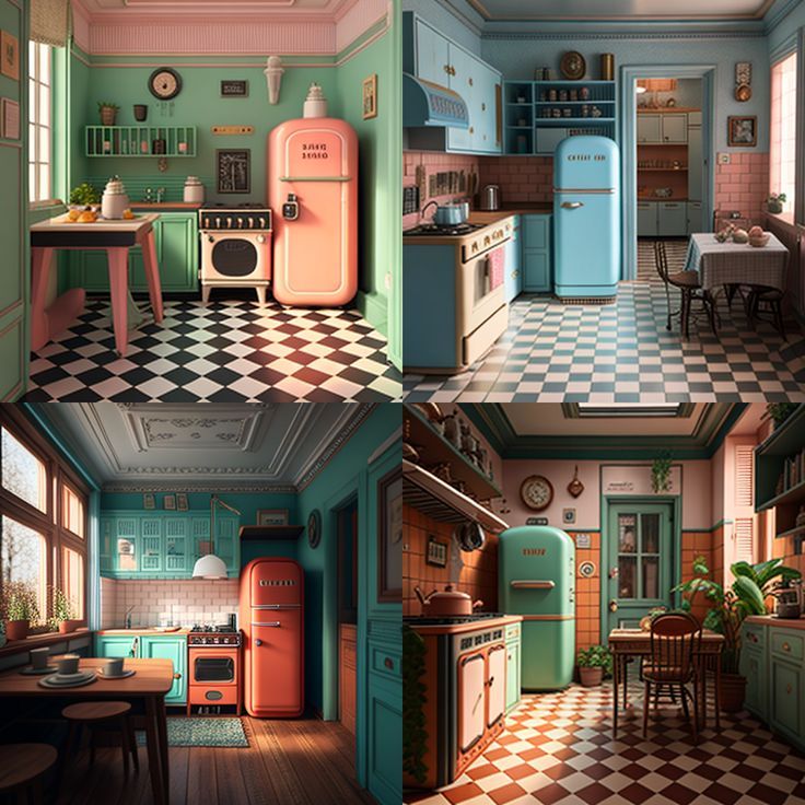 three different pictures of a kitchen and dining room with checkered flooring on the walls