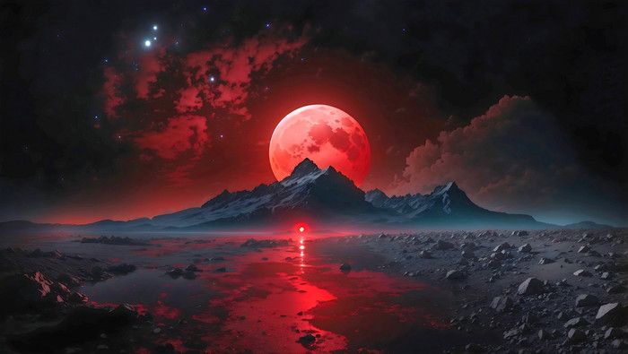 an alien landscape with mountains and red moon in the sky, water puddles on the ground