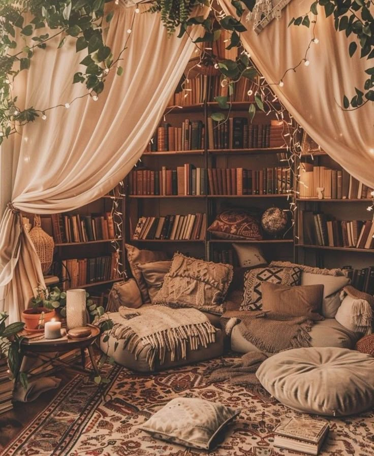 a living room filled with lots of furniture and bookshelves covered in curtains next to a window