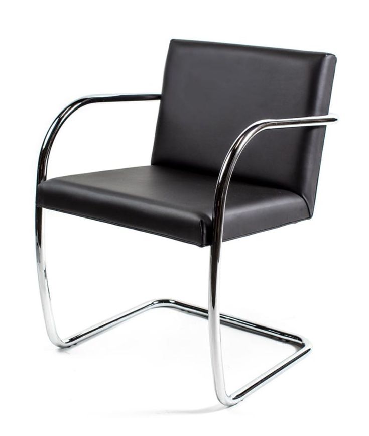 a black leather chair with chrome frame and armrests on an isolated white background