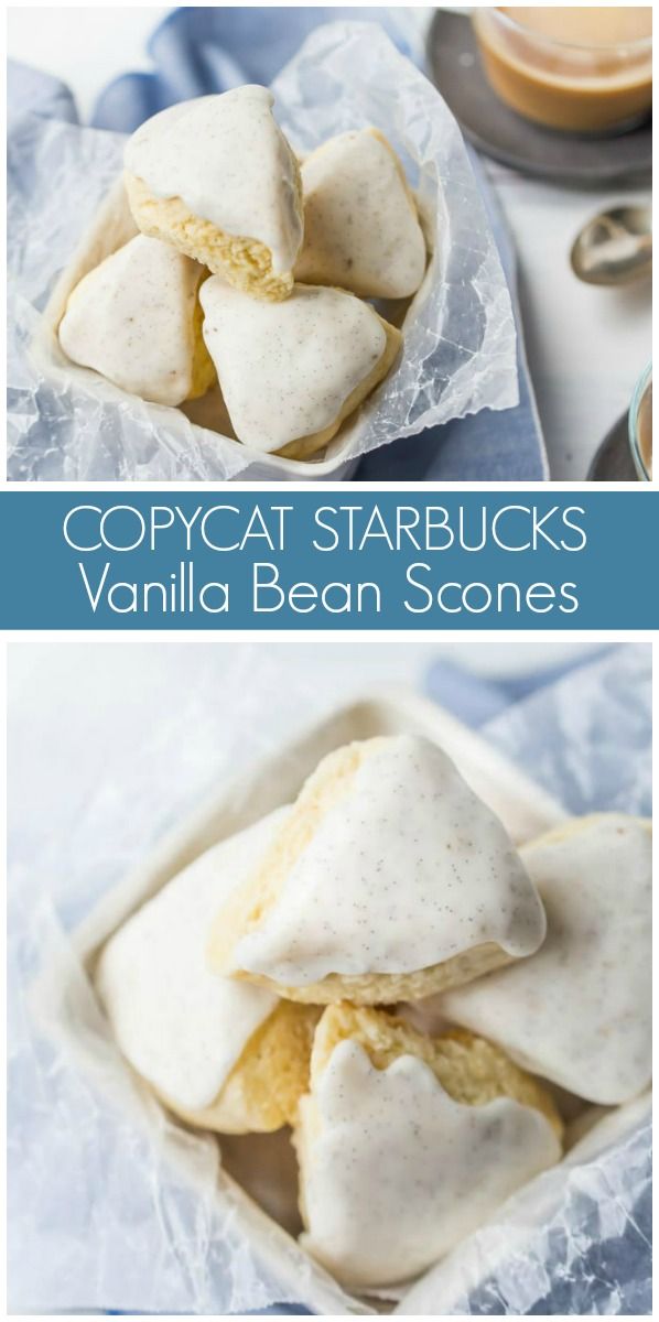 two pictures with different types of food in them and the words copycat starbuckss vanilla bean scones