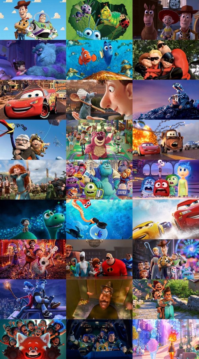 A collage with 9 rows and 3 columns displaying images from each of the first 27 Pixar films. In order, the films pictured are Toy Story; A Bug’s Life; Toy Story 2; Monsters, Inc.; Finding Nemo; The Incredibles; Cars; Ratatouille; WALL-E; Up; Toy Story 3; Cars 2; Brave; Monsters University; Inside Out; The Good Dinosaur; Finding Dory; Cars 3; Coco; Incredibles 2; Toy Story 4; Onward; Soul; Luca; Turning Red; Lightyear; and Elemental. Pixar Movie Characters, Finding Nemo Scenes, Disney Pixar Aesthetic, All Pixar Movies, Pixar Movies Characters, Zootopia Movie, New Pixar Movies, Pixar Poster, Moana 2