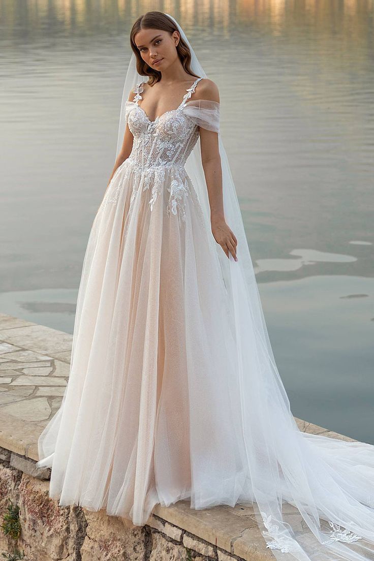 BridalShop Wedding Dresses With Detached Sleeves, Fey Wedding Dress, Outdoor Fall Wedding Dress, Soft Romantic Wedding Dress, Boning Wedding Dress, Ethereal Wedding Dress Goddesses, Fitted Satin Wedding Dress, Ethereal Wedding Dresses, Romantic Lace Wedding Dress