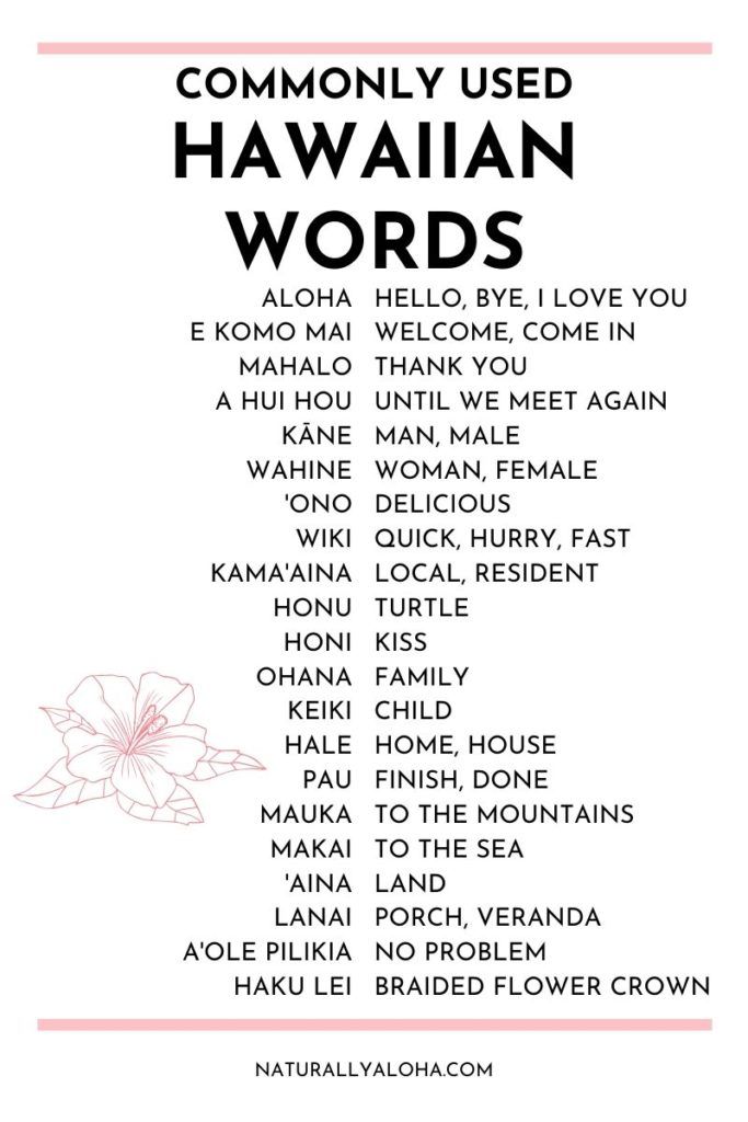 the hawaiian word list is shown in black and white, with pink flowers on it