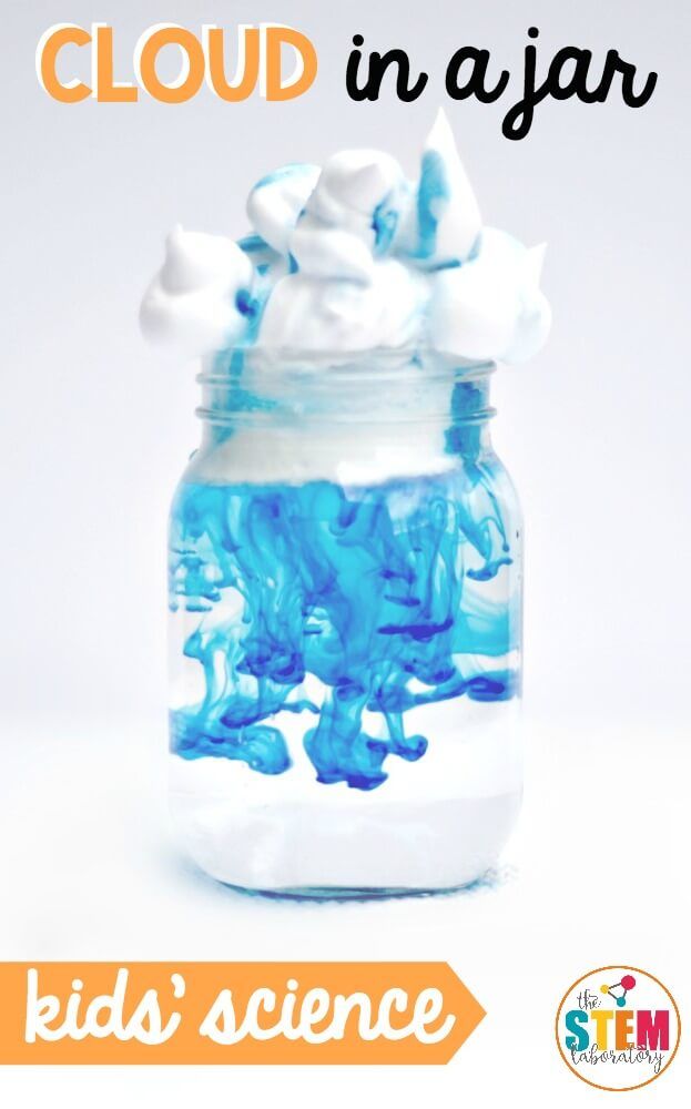 a jar filled with blue and white liquid next to the words cloud in a jar