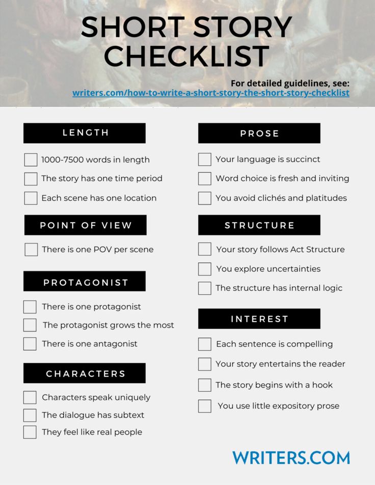 the short story checklist is shown in black and white