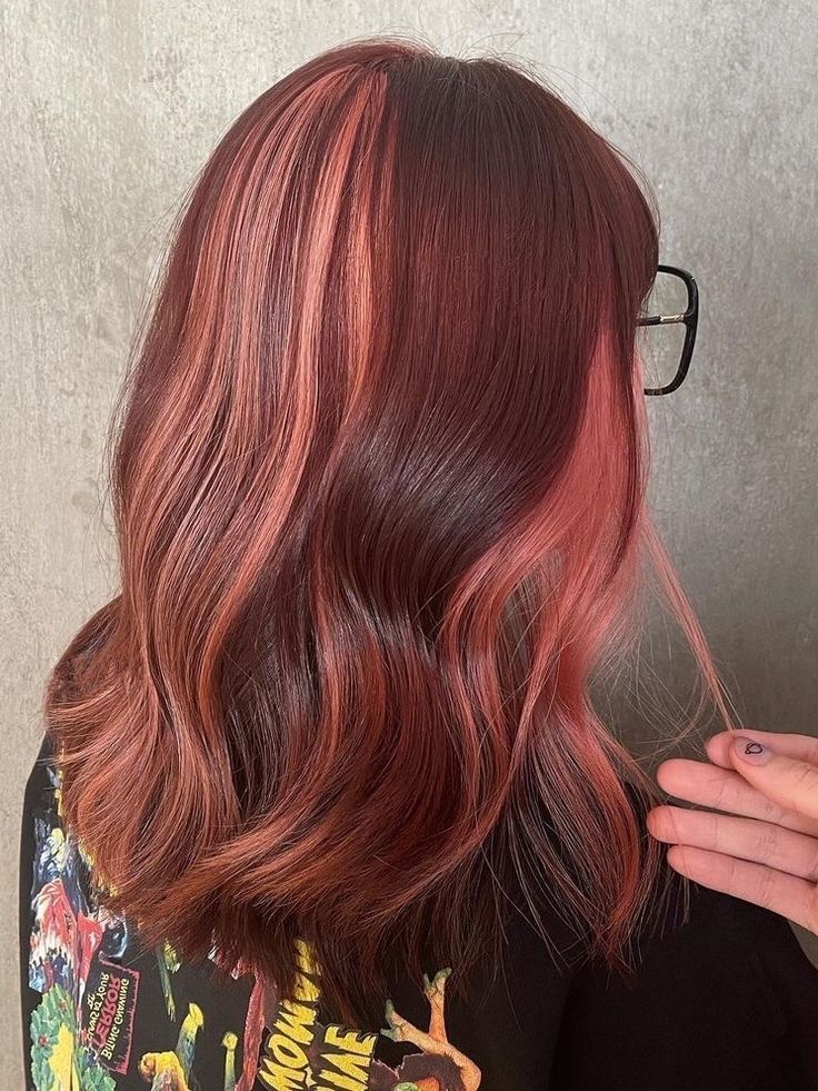 Two-Tone Hair Color Ideas: brown hair with peach highlights Deep Maroon Hair With Blonde, Quarter Hair Color, Auburn Hair With Color Blocking, Two Toned Dark Hair, Hair Panels Colored, Subtle Two Tone Hair, Unquie Hair Color, Burgundy Color Block Hair, Auburn Color Block Hair