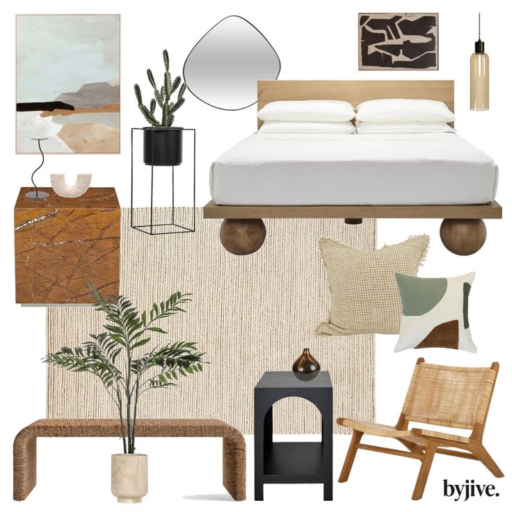 a bedroom design board with neutral colors and accessories