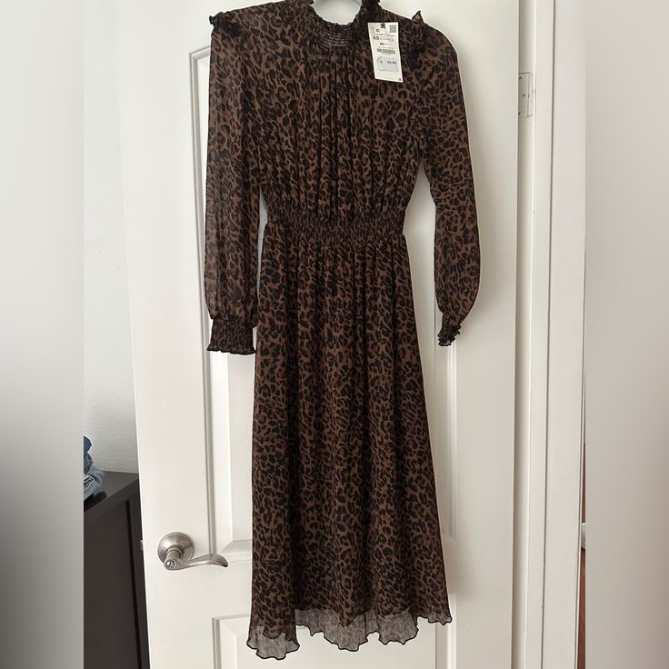 Zara Leopard Print Maxi Dress Elegant Brown Maxi Dress For Fall, Chic Brown Maxi Dress For Fall, Brown Maxi Dress For Date Night In Fall, Brown Ruffled Dresses For Winter, Brown Maxi Dress For Casual Wear, Brown Maxi Length Casual Dress, Elegant Leopard Print Maxi Dress For Fall, Chic Leopard Print Maxi Dress For Fall, Fall Chic Leopard Print Maxi Dress